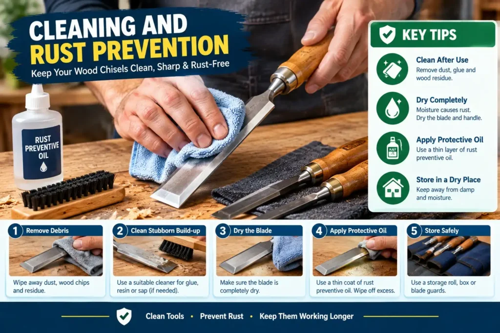 Cleaning a wood chisel blade with a cloth after woodworking