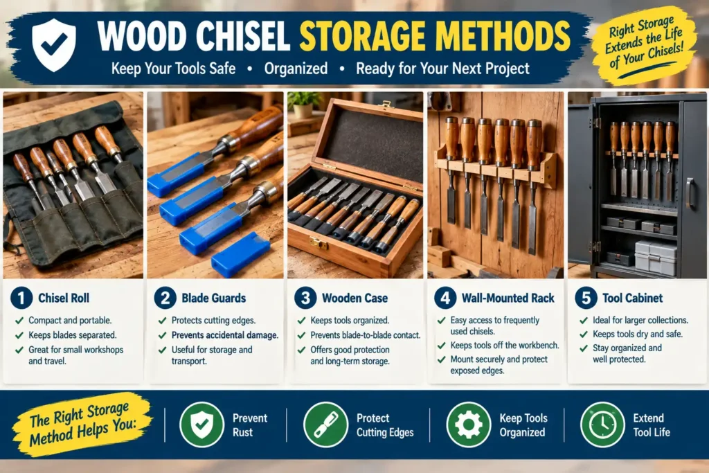 Wood chisels protected in a storage roll and wooden case