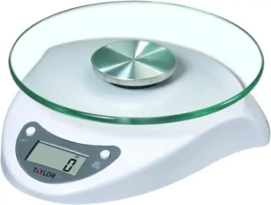 Taylor Digital Kitchen Scale with Glass Platform Tare Button and Plastic Body Feature Image
