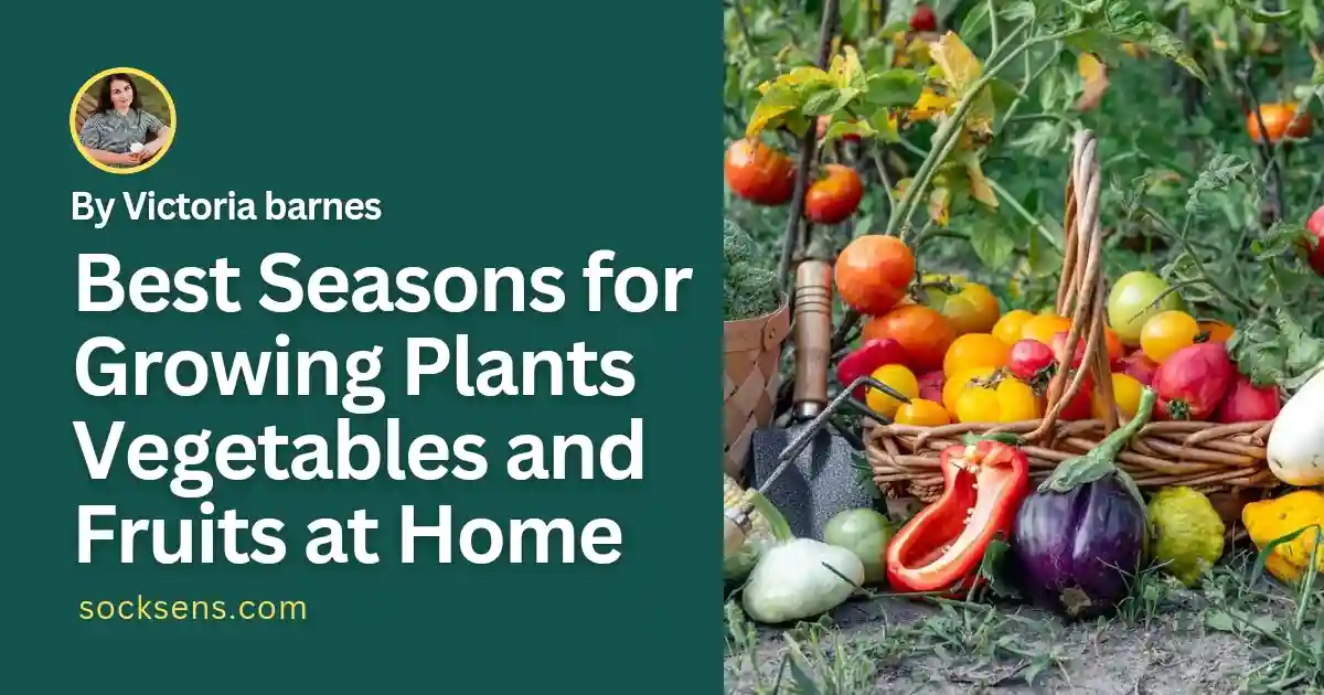 This image has a green background with the text: Best seasons for growing plants, vegetables, and fruits at home. And there are many vegetables, such as tomatoes, beets, and pumpkins. And some gardening tools.