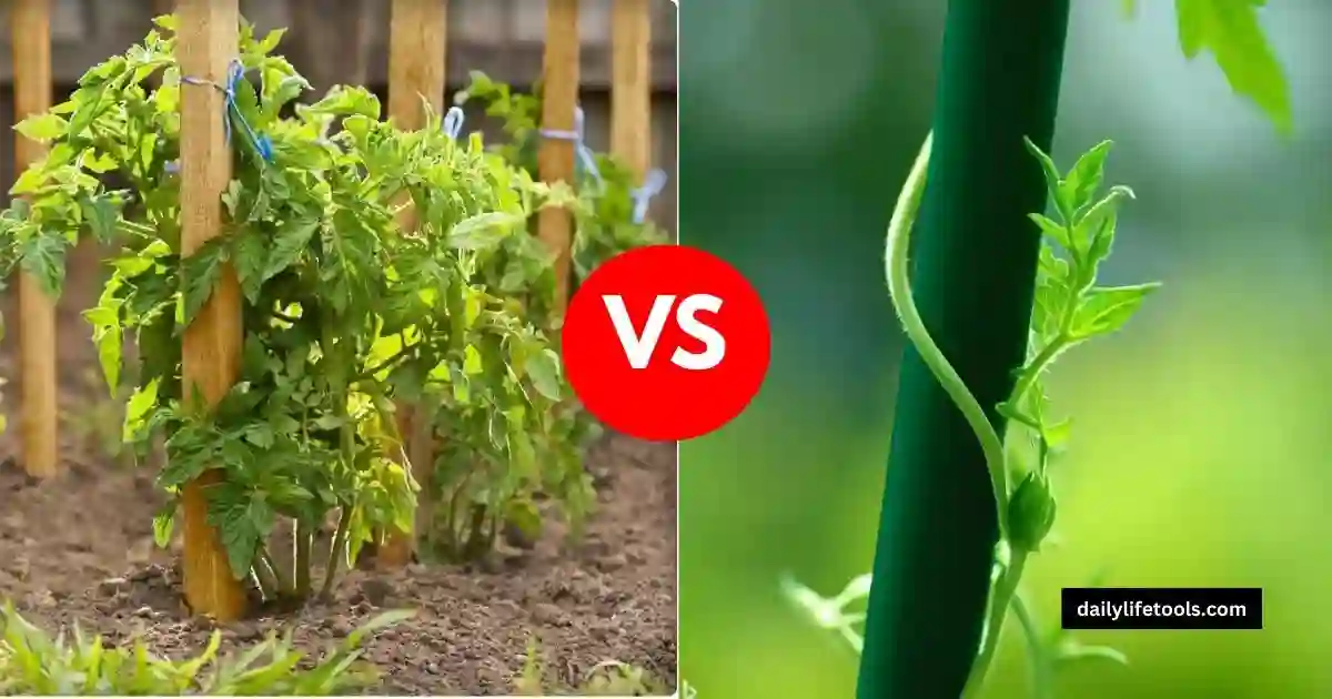 Comparison of fiberglass and wood plant stakes used in a garden.