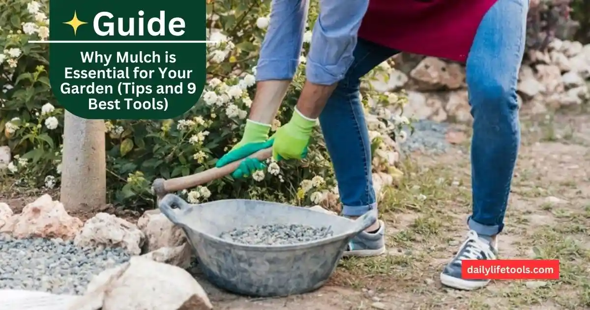 Man spreading mulch around a plant in a garden. Learn why mulch is essential for your garden and discover the best tools to use. #HowToTakeCareOfYourGarden #Mulch