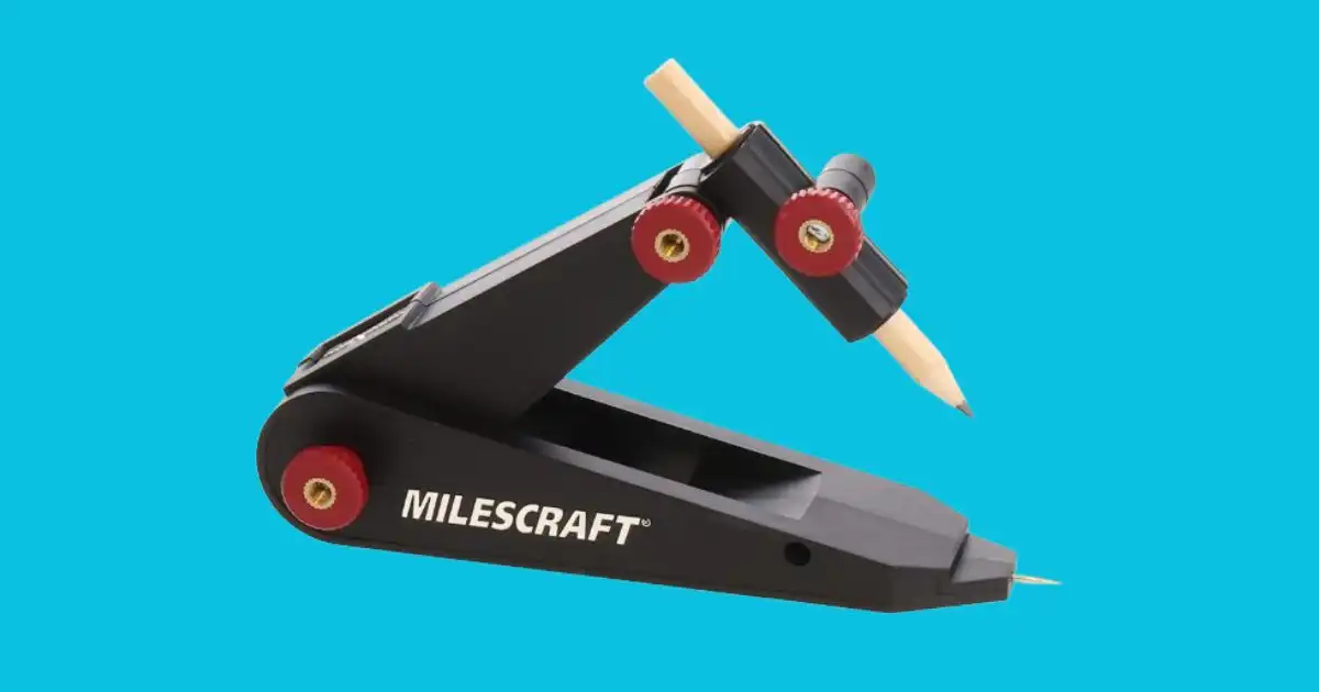A black Milescraft 8407 ScribeTec tool on a blue background. The tool has a pencil holder and adjustable arms, designed for precise scribing and marking.