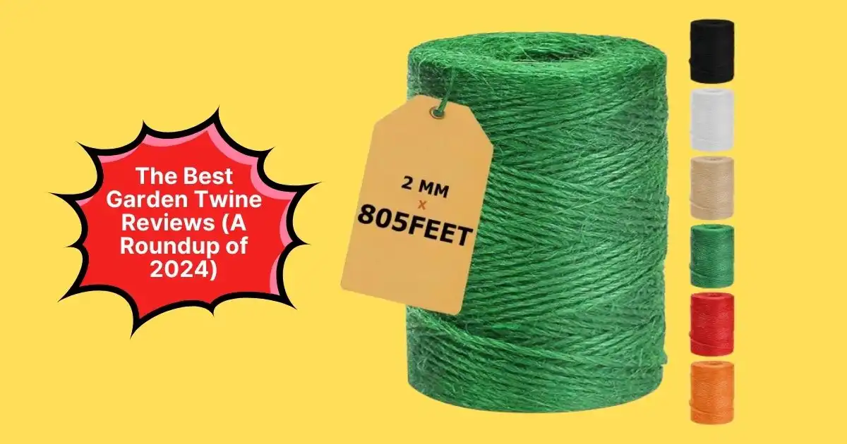 A roll of green garden twine with a tag showing the size and length, surrounded by other colored twine options.