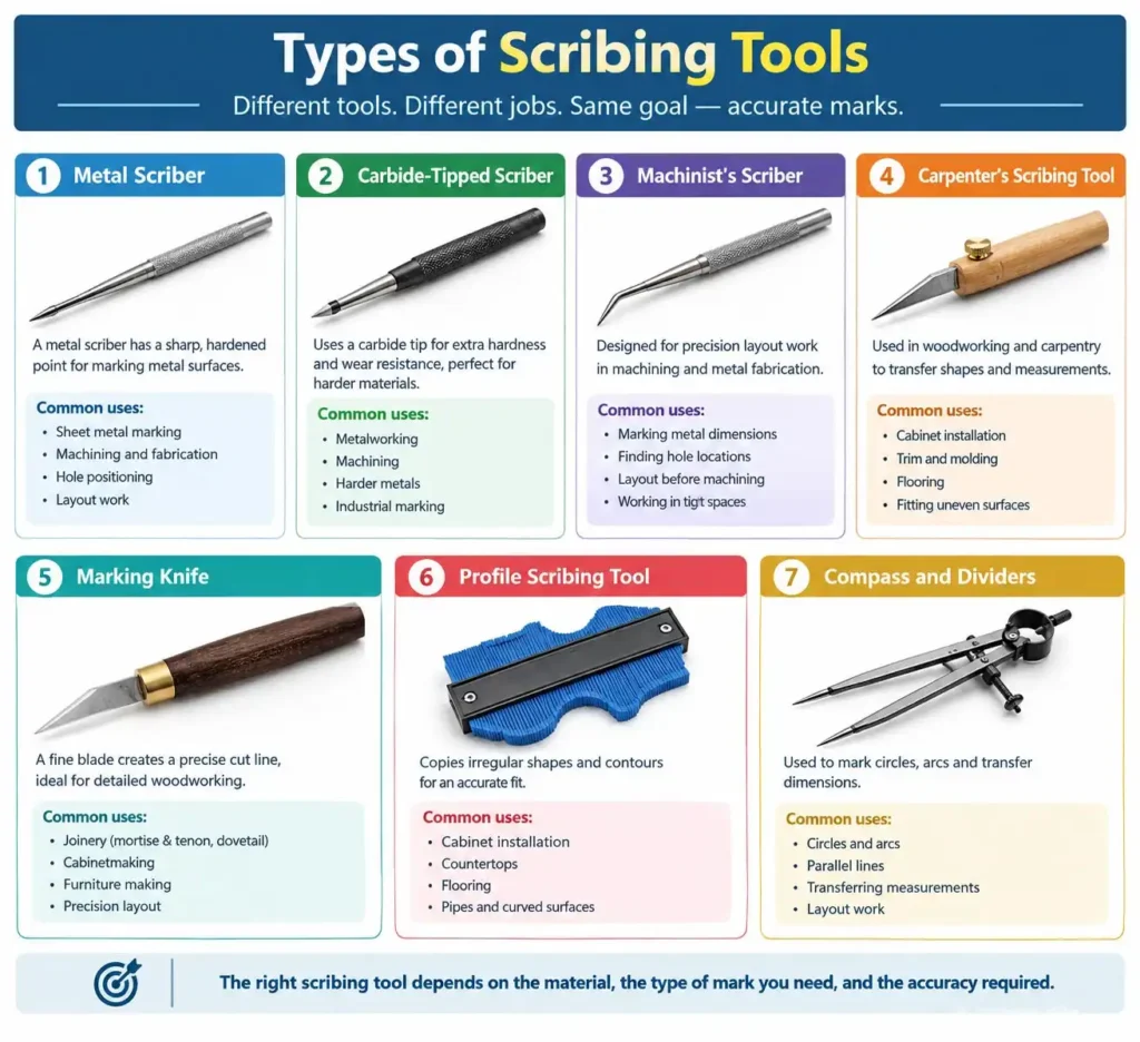 Types of scribing tools including metal scriber, marking knife and profile scribe