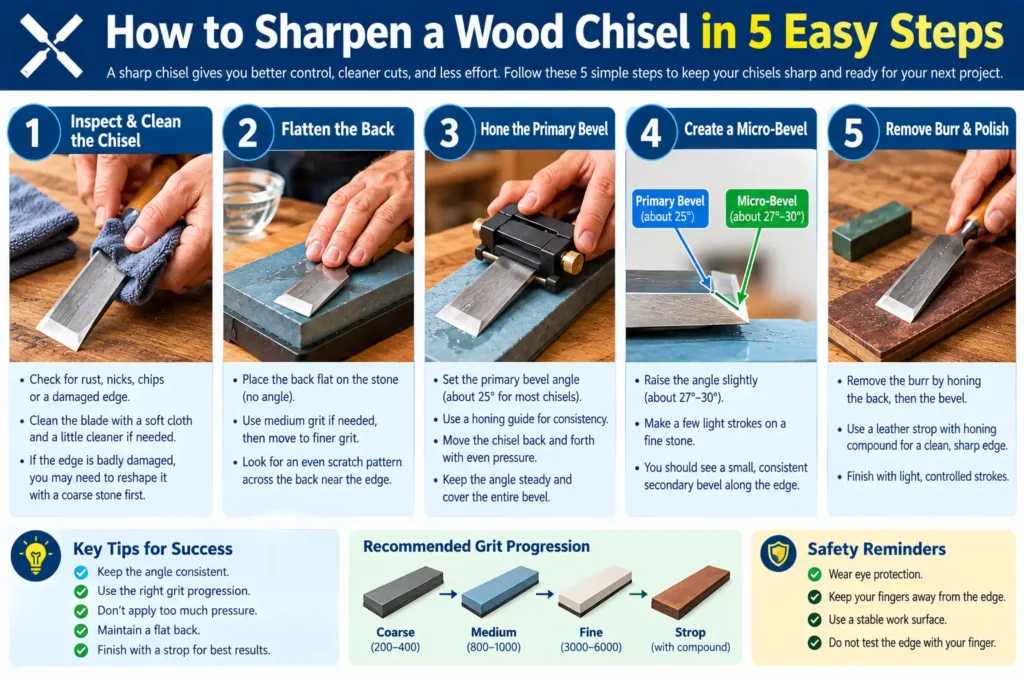 Five steps for sharpening a wood chisel from inspection to polishing