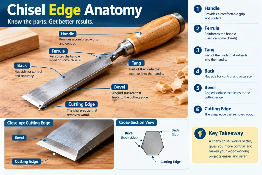 Wood chisel bevel, back, cutting edge, and micro-bevel