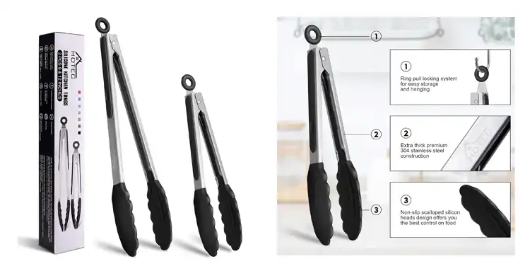 HOTEC Premium Stainless Steel Locking Kitchen Tongs with Silicon Tips