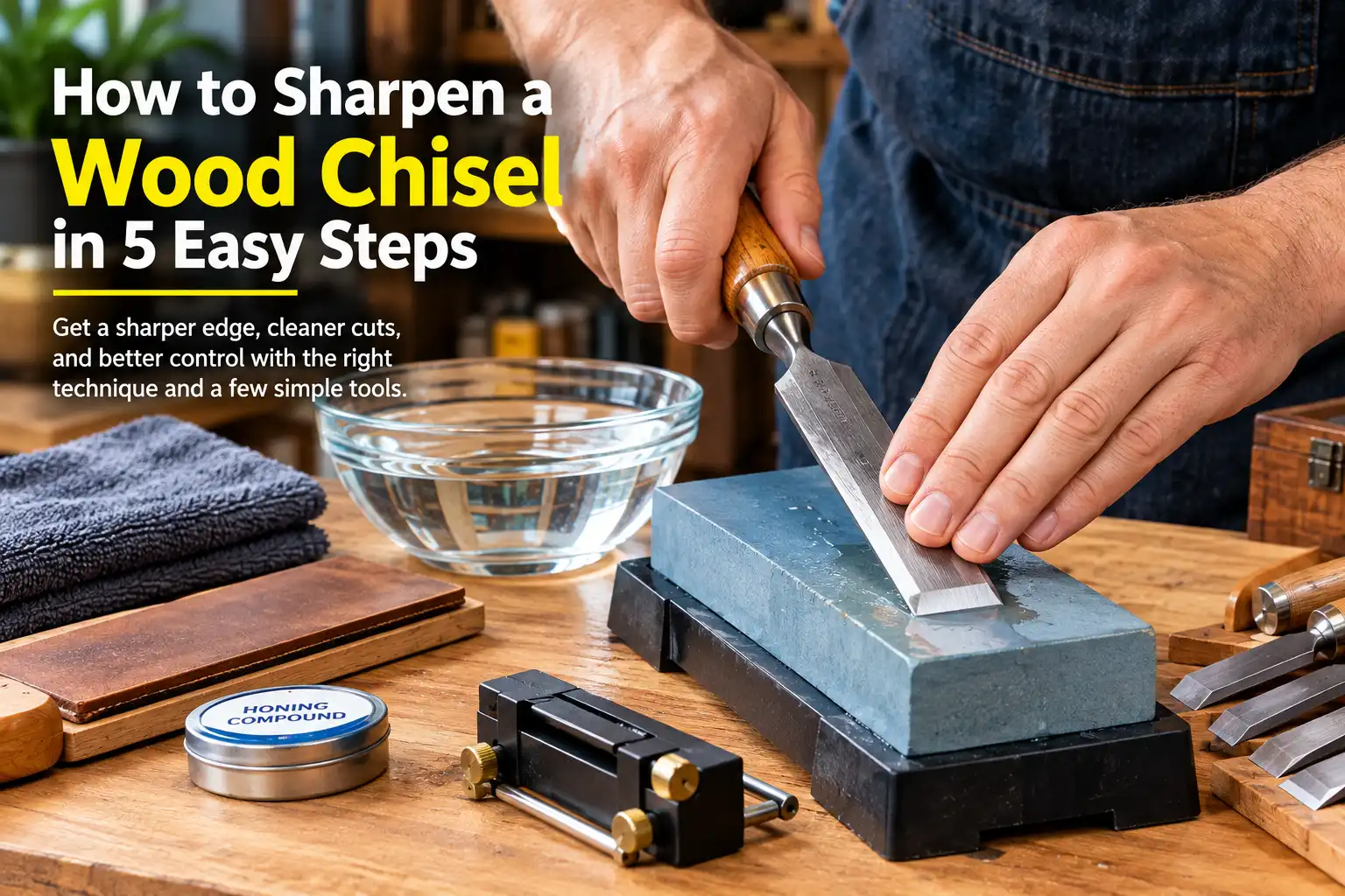 Wood chisel sharpening on a whetstone in a woodworking workshop