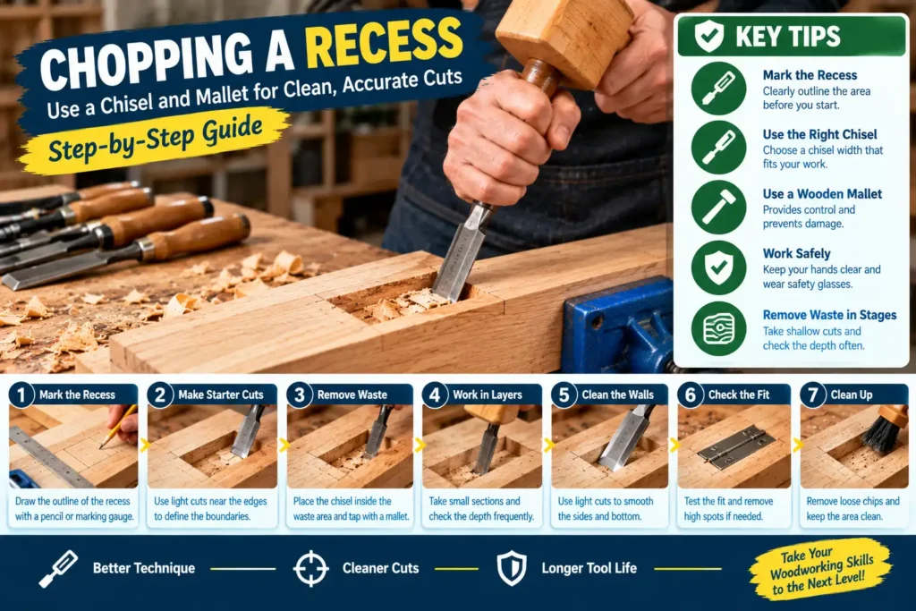 Using a wood chisel and wooden mallet to remove waste from a recess