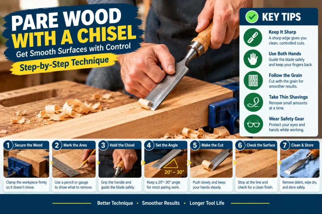 Using a wood chisel to remove a thin shaving along the wood grain