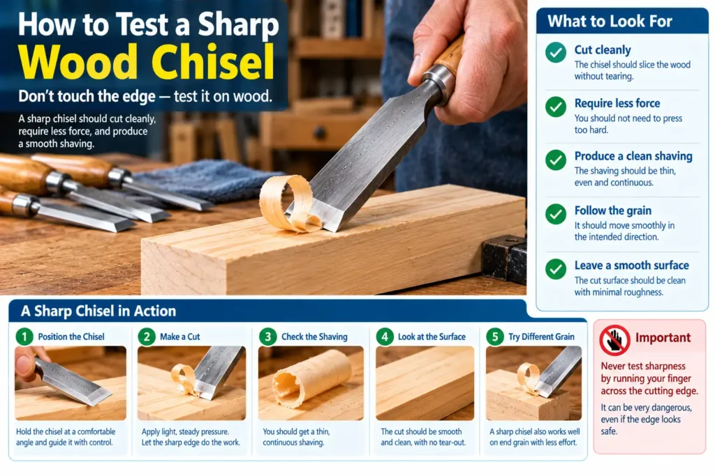 Testing a sharpened wood chisel on scrap wood
