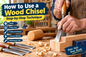Woodworker using a wood chisel to make a controlled cut in wood