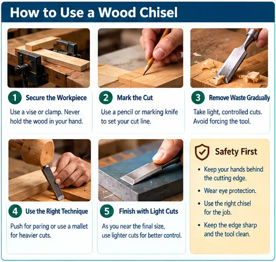 How to safely use a wood chisel for controlled woodworking cuts