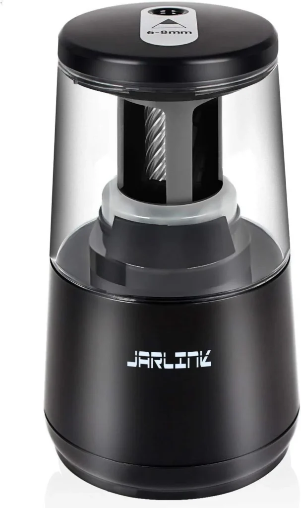  A black JARLINK Best Electric Pencil Sharpeners with a transparent plastic top, showing the spiral blade inside, designed for 6-8mm pencils.