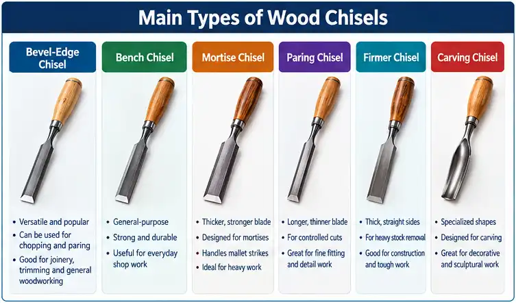 Types of wood chisels including bench, mortise, paring and firmer chisels