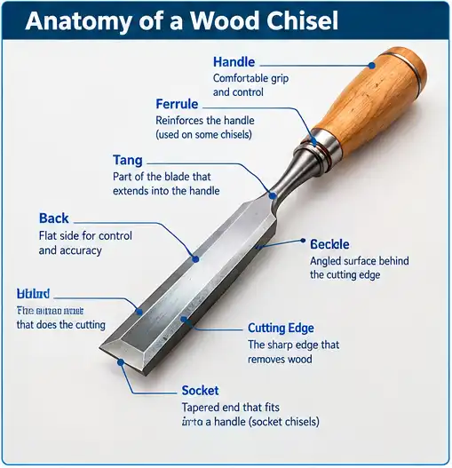Wood chisel anatomy showing blade bevel handle tang and cutting edge