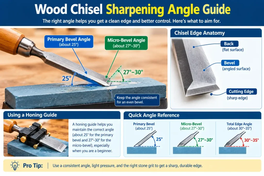 Wood chisel sharpening angle showing primary bevel and micro-bevel