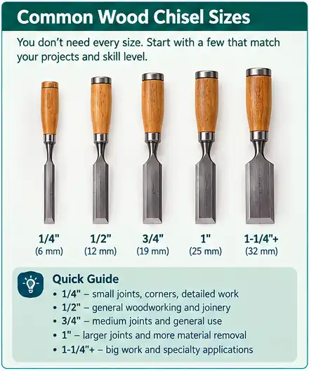 Common wood chisel sizes for beginner woodworking