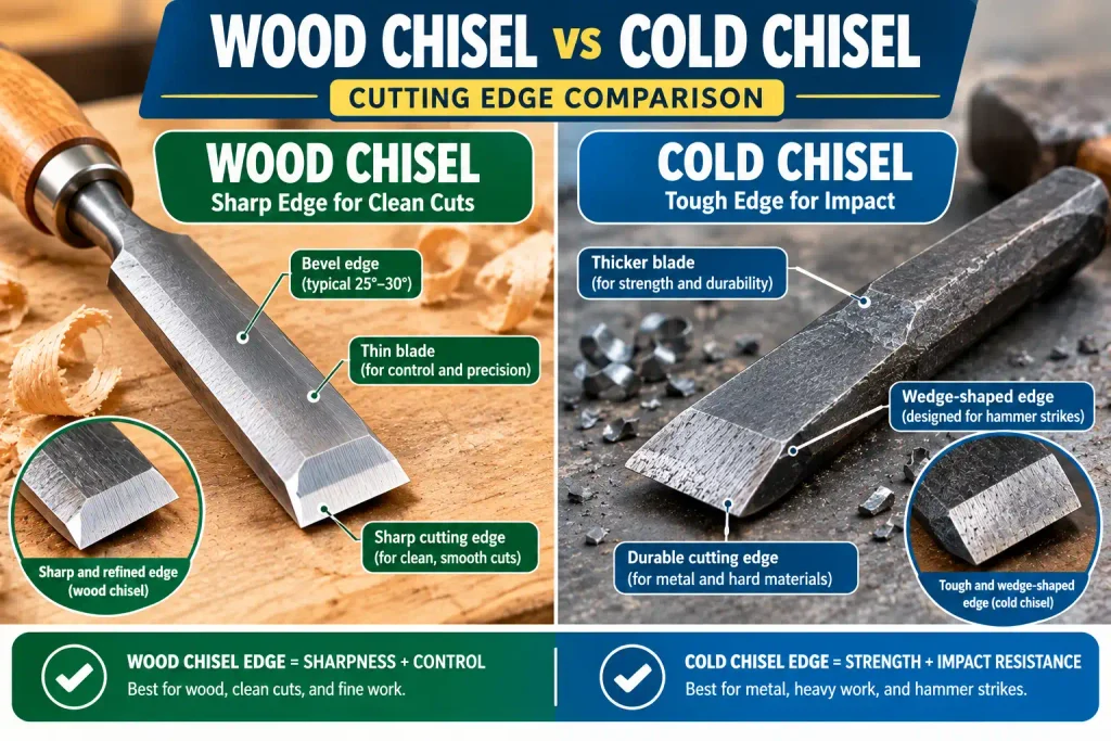 Wood chisel and cold chisel cutting edge comparison