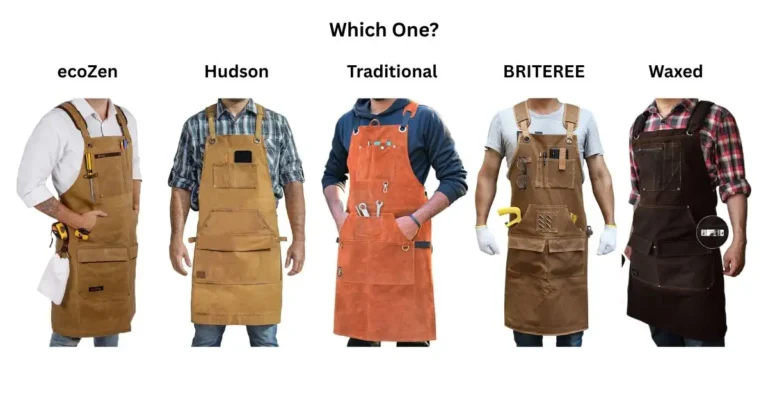 best woodworking aprons. Five different woodworking aprons, including brands like ecoZen, Hudson, Traditional, BRITEREE, and Waxed, showcasing various styles and features.