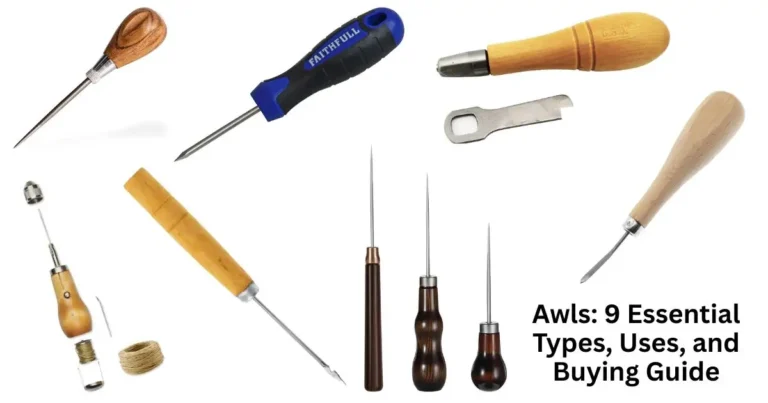 A collage of 9 different types of awls for various uses in crafting, leatherworking, and woodworking. and What is an awl tool used for?