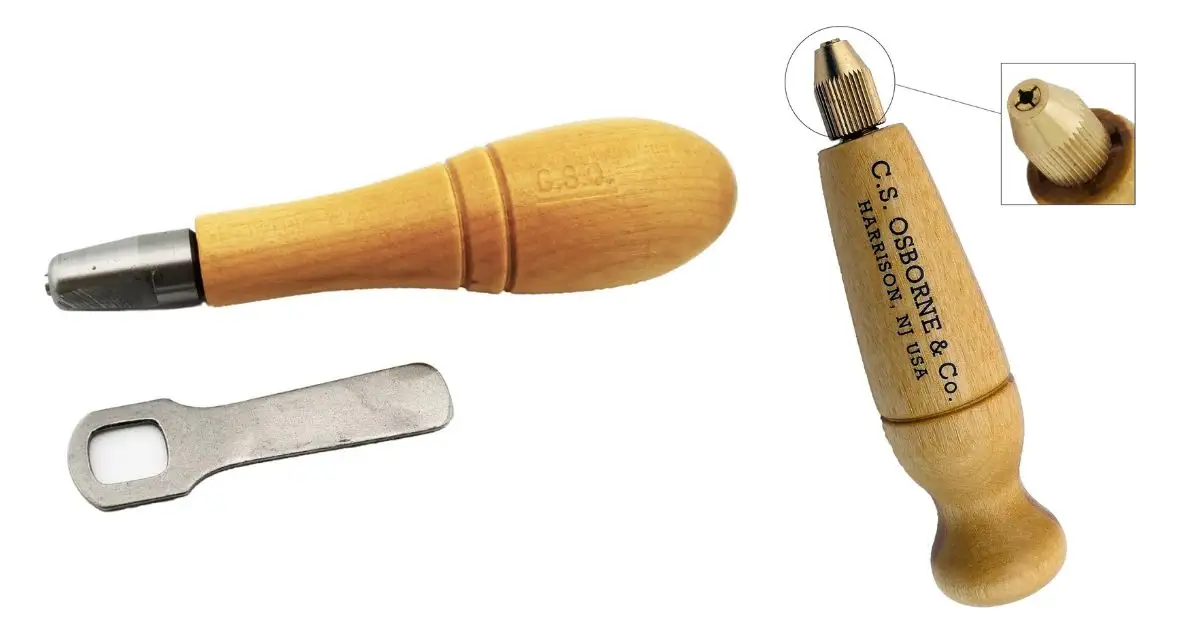 A wooden-handled C.S. Osborne Palm Awl haft with a metal chuck for interchangeable blades, shown with a separate blade or key.