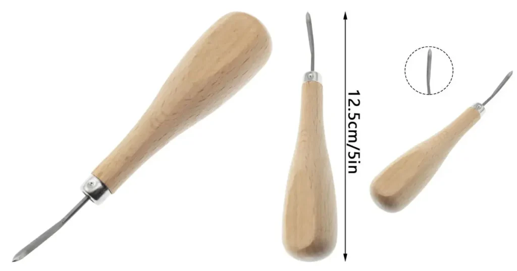 A wooden-handled Diamond Awl shown from multiple angles, highlighting its narrow, diamond-shaped tip and overall length of 12.5 cm (5 inches), used for leather stitching.