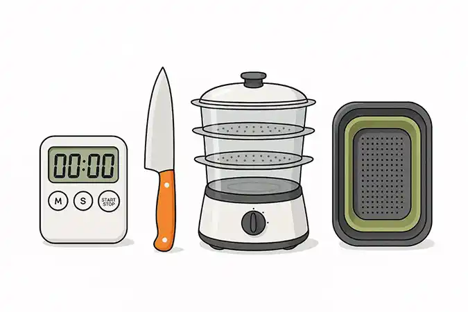 Smart kitchen tools including timer, knife, steamer, and collapsible colander for efficient cooking and space-saving.