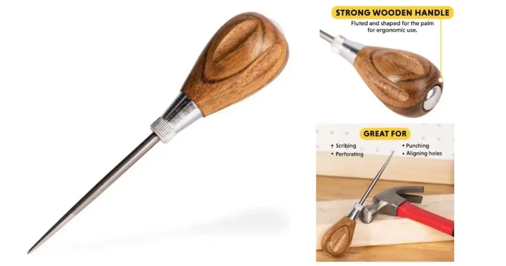 A scratch awl with a dark wooden ergonomic handle and a sharp metal point, used for marking, scribing, and piercing, with text describing its features and uses.