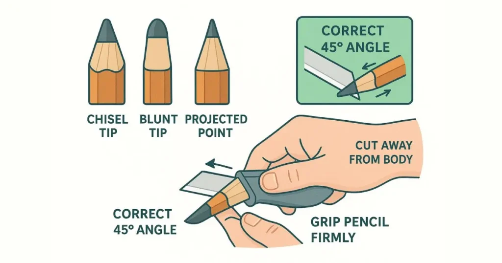An infographic showing three carpenter pencil tips (chisel, blunt, projected point) and instructions on sharpening with a blade. It highlights cutting at a 45-degree angle, cutting away from the body, and gripping the pencil firmly. How to Sharpen a Carpenters Pencil Like a Pro?