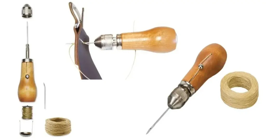 A wooden-handled stitching awl, also known as a Speedy Stitcher, shown disassembled, in use on leather, and with a spool of thread, for heavy-duty hand sewing.