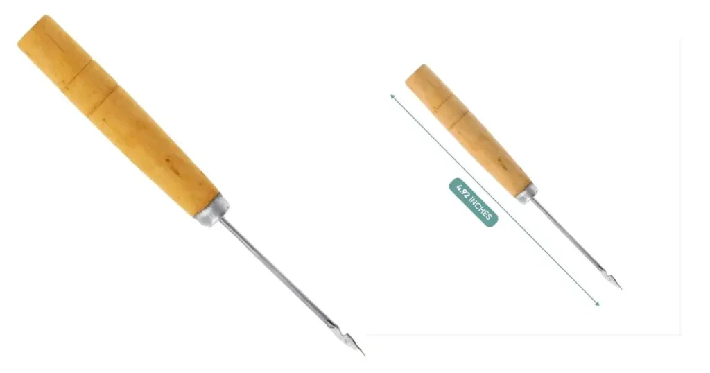 A wooden-handled hole punch awl, a hand tool with a sharp metal tip shown from two angles, indicating its length as 4.92 inches, used for punching small holes.