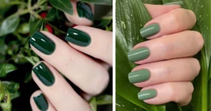 On the left, short, rounded nails with glossy, deep forest green polish are shown among dark green leaves and red berries. On the right, oval-shaped nails with matte sage green polish are held against a bright green leaf. Nail Designs With Earth Tone Nail Polish Colors Top 5 Picks for Stunning Manicures