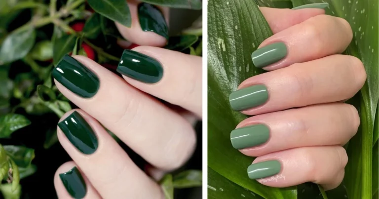 On the left, short, rounded nails with glossy, deep forest green polish are shown among dark green leaves and red berries. On the right, oval-shaped nails with matte sage green polish are held against a bright green leaf. Nail Designs With Earth Tone Nail Polish Colors Top 5 Picks for Stunning Manicures
