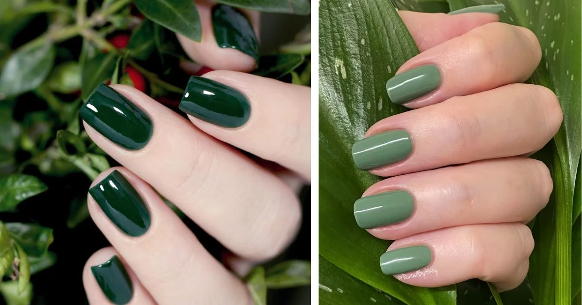 On the left, short, rounded nails with glossy, deep forest green polish are shown among dark green leaves and red berries. On the right, oval-shaped nails with matte sage green polish are held against a bright green leaf. Nail Designs With Earth Tone Nail Polish Colors Top 5 Picks for Stunning Manicures