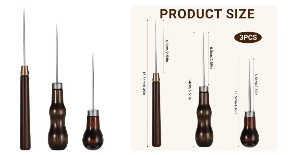 A set of three brown-handled leather awls of different lengths (16.5cm, 14cm, 11.5cm) with metal piercing tips, detailed with product dimensions.
