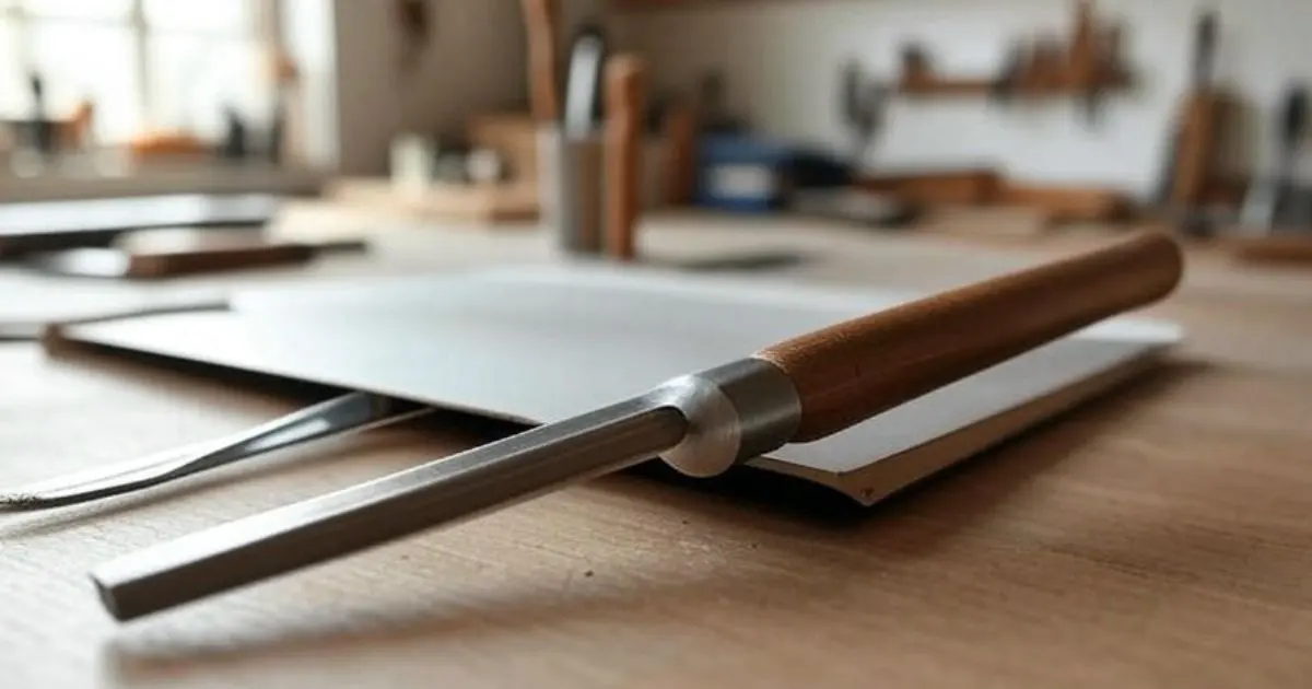 A close-up of a straight awl tool with a wooden handle resting on white paper on a wooden workbench, illustrating its use for various sewing and crafting functions.