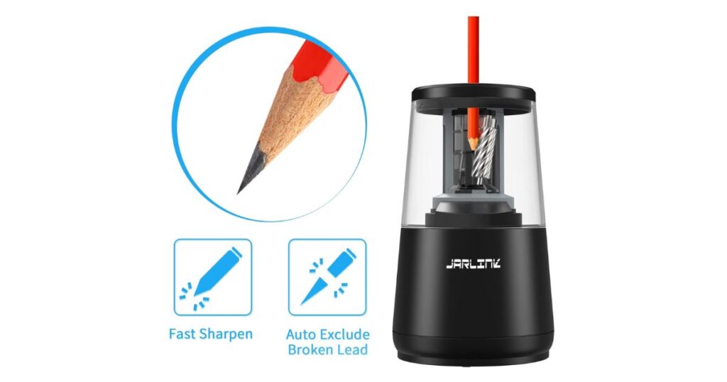 A Jarlink black electric pencil sharpener with a red pencil inserted. To the left, a magnified view of a perfectly sharpened pencil tip. Below, icons illustrate "Fast Sharpen" and "Auto Exclude Broken Lead" features.