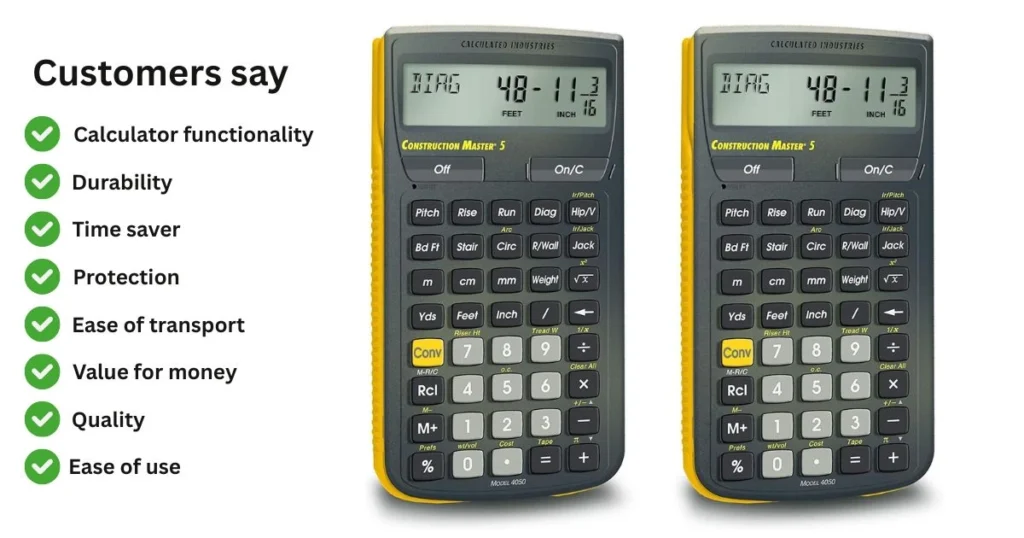 Two identical Construction Master 5 calculators with a checklist showing customer praises for functionality and durability.
