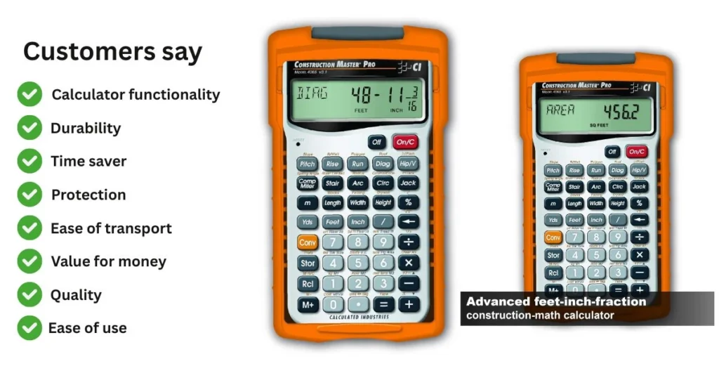 Close-up of the Construction Master Pro advanced construction math calculator, next to a checklist of positive customer feedback points. Best Carpenter Calculator Review


