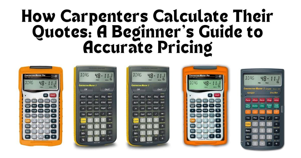 A lineup of five different Construction Master calculators, including Pro and 5 models, essential tools for carpenters to achieve accurate project quoting and pricing.