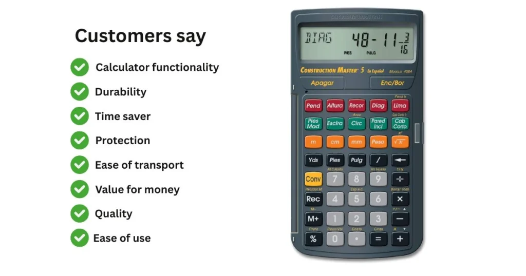 A Construction Master 5 calculator displaying measurements, with a green checklist on the left detailing customer feedback such as "Calculator functionality," "Durability," and "Ease of use."
