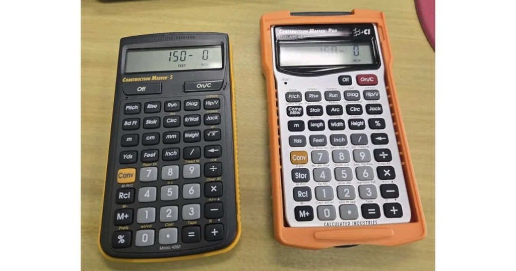 Side-by-side image of a black Construction Master 5 and an orange-cased Construction Master Pro calculator, both displaying "150-0 FEET," for carpenters' accurate measurements and quotes.
