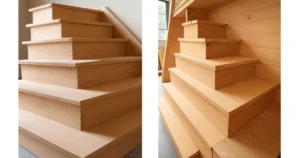 Two different angles of modern, light-colored wooden stairs with solid risers and treads, demonstrating quality carpentry.