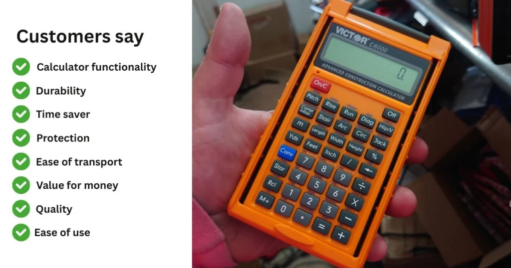 Hand holding a Victor C6000 Advanced Construction Calculator, with customer reviews listing benefits such as functionality, durability, and time-saving for construction projects.