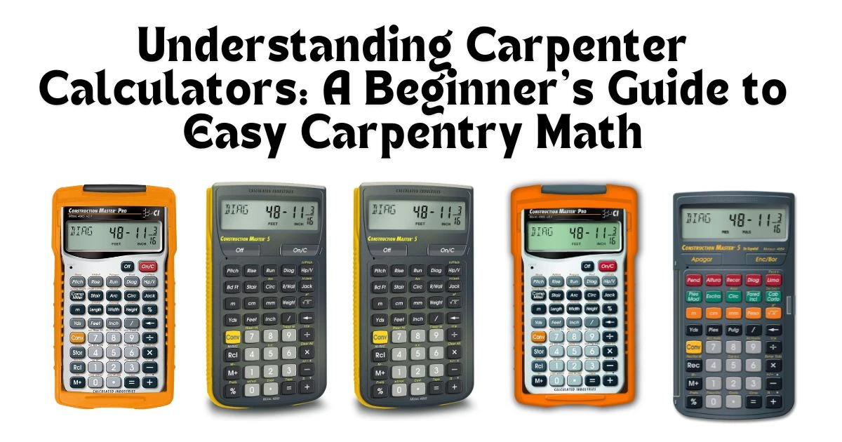 A display of multiple Construction Master Pro and 5 calculators, demonstrating various models of carpenter calculators for simplifying and understanding carpentry math. Understanding Carpenter Calculators_ A Beginner’s Guide to Easy Carpentry Math