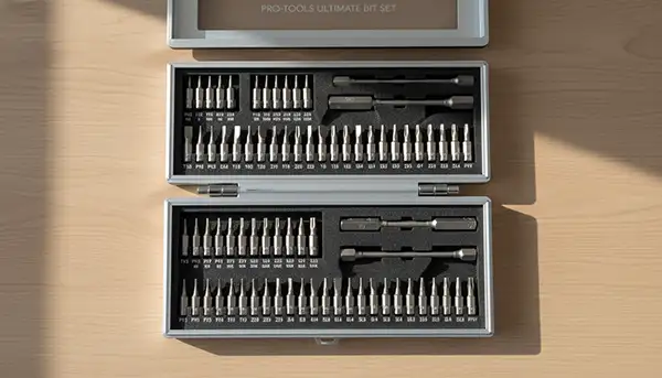Complete screwdriver bit set with common sizes organized by type including Phillips, Torx, hex, and flathead bits