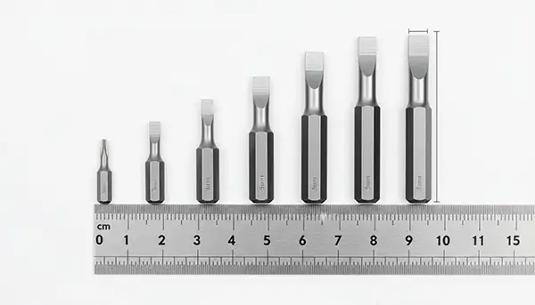 common screwdriver bit sizes explained - Flathead slotted screwdriver bit sizes showing width measurements from 3mm to 8mm