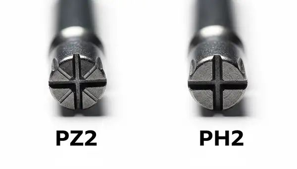 Pozidriv screwdriver bit sizes PZ1 PZ2 PZ3 showing distinctive pattern different from Phillips bits